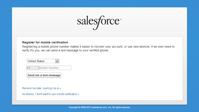 Salesforce Summer 13 Pre Release Review, Mobile Verification Page